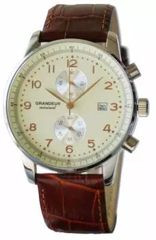 Часы-хронограф Grandeur 10ATM Water Resistant Leather OSC051W1 Cream x Leather [GRANDEUR] Мужские серебристо-коричневые