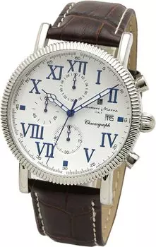 Часы-хронограф с кожаным ремешком, водонепроницаемость 5 АТМ, белый, темно-коричневый [Salvatore Mara] мужские SM19109-SSWHDBR коричневый