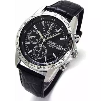Часы-хронограф SEIKO с ремешком из натуральной кожи, сделано в Японии, черные, SND367P1 чёрный