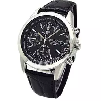 Часы-хронограф SEIKO с ремешком из натуральной кожи, сделано в Японии, черные, SND309P1