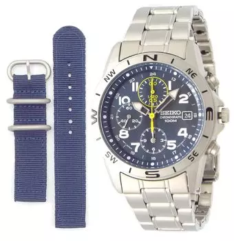 Часы-хронограф Seiko с темно-синим и официально модель SND379P Мужской ремешок в военном стиле, желтый, распространяемый