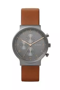 Часы-хронограф Skagen Ancher Quartz из нержавеющей стали и кожи, коричневые, мужские, цвет серый, (Модель SKW6418) коричневый