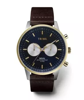 Часы-хронограф TRIWA 15th Anniversary с серийным номером, Япония, Neville, темно-синий x коричневый кожаный ремень, комбинация серебра и золота, 15th LIMITED, NEVIL, подлинные синий