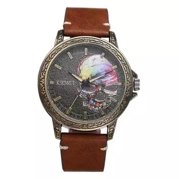 Часы из натуральной кожи с черепом, светящиеся аналоговые часы-скелетоны с кожаным ремешком, черно-коричневые кварцевые часы, модные часы на день рождения, подарок на Рождество кофейный