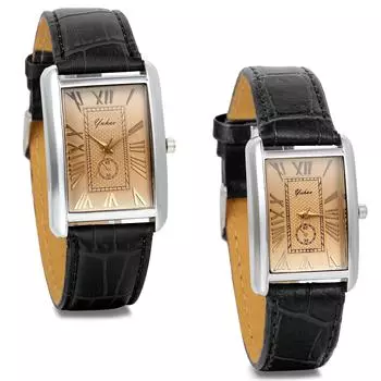 Часы JewelryWe Pair с кожаным ремешком, квадратный аналоговый дисплей, римский алфавит, парные часы, повседневная мода, черный комплект из 2 шт. (случай)