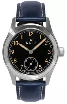Часы KNIS Varnish Made in Japan с ретро-армейским покрытием, сапфировым стеклом, водонепроницаемостью 10 АТМ, черным циферблатом, темно-синей кожей, мужские KN003-BKNVLE чёрный