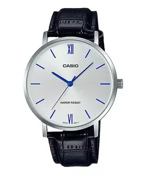 Часы кварцевые CASIO, серебристый x черный кожаный ремешок, модель Overseas [Casio] мужские MTP-VT01L-7B1 [Товар]