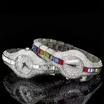 Часы MISSFOX для женщин, роскошные, Iced Out Bling, кварцевые наручные часы, модные, радужные, с бриллиантами, ювелирные изделия, женские часы золотой/белый