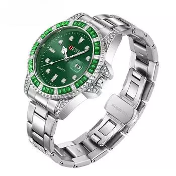 Часы Модные Зеленые Водные Призраки Календарь Кварцевые Часы Водонепроницаемые Стальные Часы С Бриллиантовой Инкрустацией