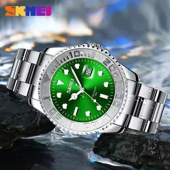 Часы Moment Beauty с циферблатом с подсветкой Green Water Ghost Quartz и ремешком из цельной стали для мужчин. Часы с календарем.