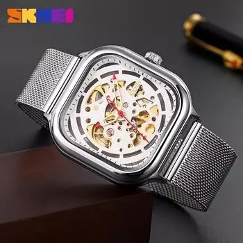 Часы Moment beauty с полой гравировкой, высококачественные мужские автоматические механические, водонепроницаемые, квадратные, из нержавеющей стали, с сетчатым ремешком