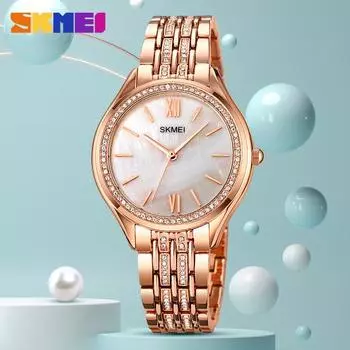 Часы Moment beauty SKMEI fashion для женщин с перламутровым корпусом, корпус с бриллиантами, элегантные и благородные кварцевые часы для школьниц