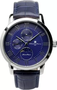 Часы Moon Phase Multi Calendar 5 ATM Water Resistant Business Formal Leather Belt Limited Model Silver Blue [Salvatore Mara] Men s SM21106-SSBL