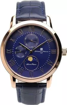 Часы Moon Phase Multi Calendar 5 ATM Waterproof Business Formal Leather Belt Limited Model Pink Gold Blue [Salvatore Mara] Men s SM21106-PGBL красный