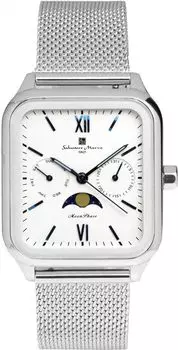 Часы Moon Phase Square Square Multi Calendar Business Formal Stainless Steel Mesh Belt Limited Model Silver White [Salvatore Mara] Мужские