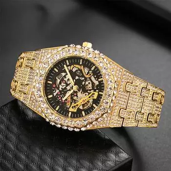 Часы мужские с полностью бриллиантовым циферблатом и люминесцентным покрытием, автоматические, с циферблатом и хромированным циферблатом, для вечеринки в стиле хип-хоп