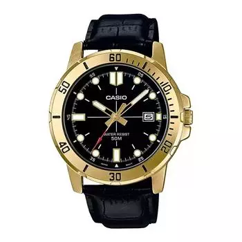 Часы мужские с ремешком из черной кожи, Black Leather Men s Watch, Casio