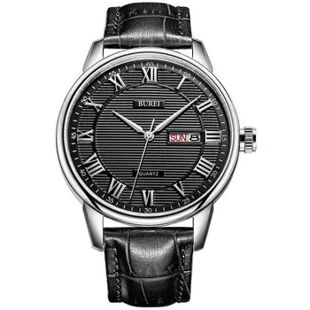 Часы на руку популярные водонепроницаемые стильные аналоговые наручные часы кварцевые римские цифры мужские брендовые деловые кожаные часы на ремне [BUREI] мужские серебристо-черные