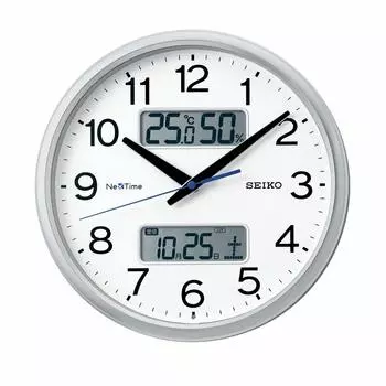 Часы настенные Seiko Clock офисного типа с радио аналоговым календарем и дисплеем температуры и влажности Seiko Nextime серебристый металлик диаметр 31 см ZS251S 06 02