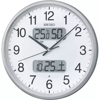 Часы настенные Seiko Clock серебристые металлические диаметр радио аналоговый календарь дисплей температуры и влажности KX383S 35.0x5.2см