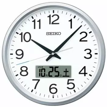 Часы настенные Seiko офисного типа с функцией программирования, календарем и радиоволнами, аналоговые, серебристые, металлик, 350 x 68 мм, PT202S