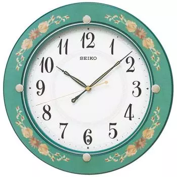 Часы настенные Seiko радио аналоговые деревянная рамка зеленый цветочный узор KX220M зелёный