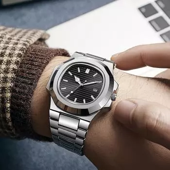 Часы Nautilus Поддельные механические часы Мужская мода Стальной ремень Календарь Светящиеся полые кварцевые часы