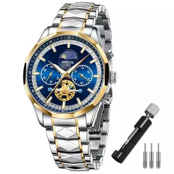 Часы NIBOSI наручные деловые часы с хронографом, большой циферблат, стильные повседневные, с металлическим ремешком, из нержавеющей стали, аналоговые, скелетонированные, для джентльмена, роскошный подарок, золото, синий