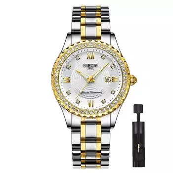 Часы NIBOSI с бриллиантовым ремешком, наручные часы, водонепроницаемые, аналоговые, кварцевые, брендовые, стильные, повседневные, деловые, классические, с датой, флуоресцентное золото, часы из нержавеющей стали, роскошь