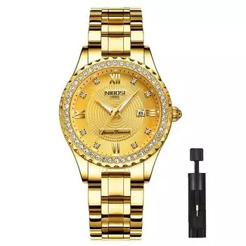 Часы NIBOSI с бриллиантовым ремешком, наручные часы, водонепроницаемые, аналоговые, кварцевые, брендовые, стильные, повседневные, деловые, классические, с датой, флуоресцентное золото, часы из нержавеющей стали, роскошь