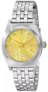 Часы Nixon Watch Small Time Teller из нержавеющей стали, один размер, женские, серебристые/неоново-желтые/жук