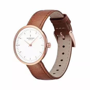 Часы Nordgreen Infinity Rose Gold 32 мм в скандинавском стиле с коричневым кожаным ремешком для женщин