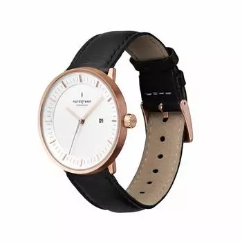 Часы Nordgreen Philosopher Nordic Design, розовое золото, скандинавский дизайн, 36 мм, черный кожаный ремешок, женские