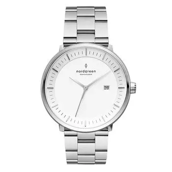 Часы Nordgreen Philosopher Scandinavian Design с белым циферблатом и серебряным браслетом из 3 звеньев, 36 мм