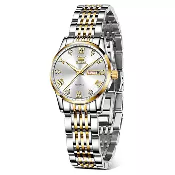 Часы OLEVS Аналоговые кварцевые водонепроницаемые светящиеся популярные наручные часы дата и день недели деловые стильные модные часы серебряный циферблат золотисто-белый