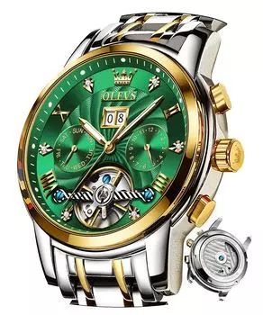 Часы OLEVS Cool Popular Green Automatic Date Mechanical Hand Watch Водонепроницаемые Светящиеся Механические Зеленые Золотые Мужские и зелёный