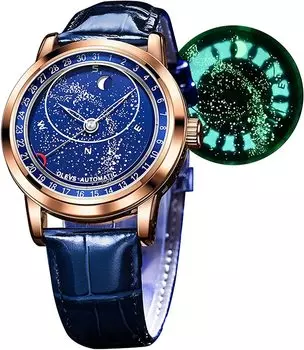Часы OLEVS Cool Starry Sky Automatic Watch Mechanical Luxury Leather Belt Skeleton Leather Belt Waterproof Blue watch for men Gold Men s Men s (Роза