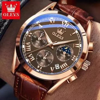 Часы OLEVS для мужчин, роскошные мужские кварцевые часы, деловые, водонепроницаемые наручные часы, мужские кожаные спортивные часы чёрный