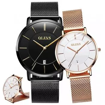 OLEVS Парные часы Парные часы Популярный подарок Ультратонкий японский кварцевый механизм Сетка Подарок девушке Подарок на День святого Валентина (Черно-белый)