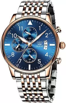 Часы OLEVS мужские деловые наручные часы мужские фирменные металлические браслеты браслет из нержавеющей стали аналоговый дисплей стильные повседневные часы (Серебряный ремешок + синий циферблат)