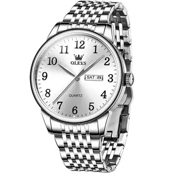Часы OLEVS Популярные модные водонепроницаемые часы Аналоговые часы с металлическим ремешком Наручные часы из нержавеющей стали Деловые кварцевые часы с датой и днем Стильный серебристый циферблат