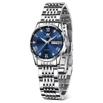 Часы OLEVS Популярные Водонепроницаемые Светящиеся Аналоговые Часы Часы для Женщин Бренд Деловые Женские Часы Дата Синий Циферблат Кварцевые Серебристый Ремешок из Нержавеющей Стали