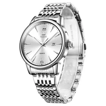 Часы OLEVS Популярные водонепроницаемые модные наручные часы Стильные металлические часы с календарем Серебряный циферблат Белые деловые часы Ремешок из нержавеющей стали Аналоговые кварцевые часы