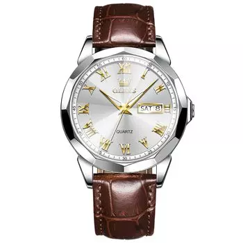 Часы OLEVS Популярные водонепроницаемые светящиеся аналоговые часы с коричневым кожаным ремешком Деловые часы Стильные крутые кварцевые часы Дата Простые мужские часы Давление