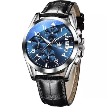 Часы OLEVS Простые стильные водонепроницаемые часы с аналоговым черным кожаным ремешком, популярные деловые часы с арабскими цифрами, легко читаемый хронограф с датой