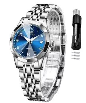 Часы OLEVS с браслетом из нержавеющей стали, популярные модные японские часы с водонепроницаемым циферблатом и подсветкой, легко читаемые, синие, женские, женские