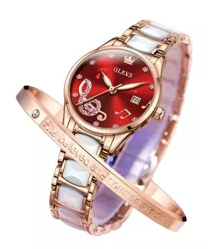 Часы OLEVS с японским механизмом, популярные керамические водонепроницаемые, светящиеся, розовое золото, розовое золото, легко читаемый браслет с датой, в комплекте женские, красные/красные красный