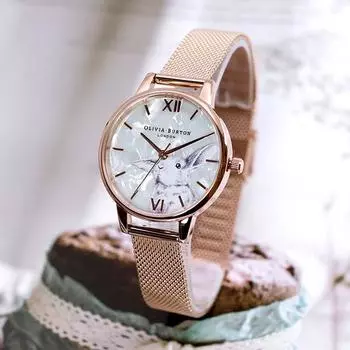 Часы Olivia Burton Winter Waterland с перламутровым циферблатом и розовой сеткой без пряжки OB16WL85