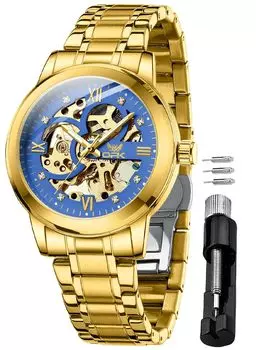 Часы OPK для мужчин с автоматическим ручным заводом, механические, из нержавеющей стали, ажурные, модные, водонепроницаемые, светящиеся, часы для мужчин, синие