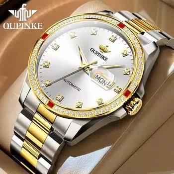 Часы OUPINKE, автоматические механические часы, деловые водонепроницаемые мужские часы с двойным календарем, мужские часы